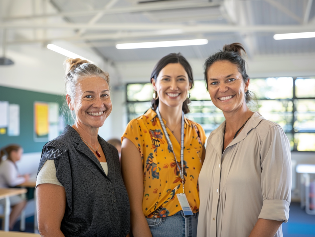 Three smiling teachers in a staffroom