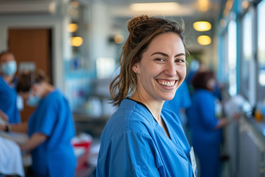 Smiling nurse in blue scrubs